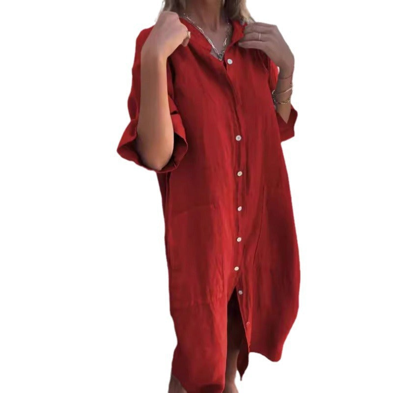 Leinen Hemdkleid Lockere Fit Baumwolle Sommerkleid