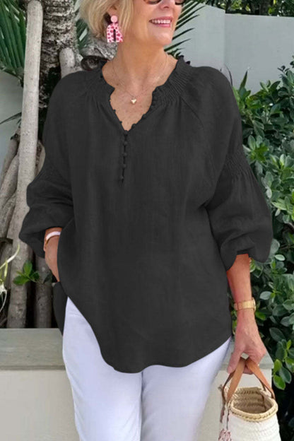 Damen Bluse Leicht Elastisch Puffärmel Knöpfe