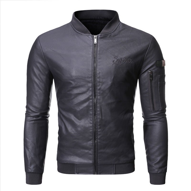 Herren Lederjacke Elegant Mit Stehkragen Reißverschluss