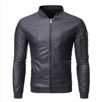 Herren Lederjacke Elegant Mit Stehkragen Reißverschluss