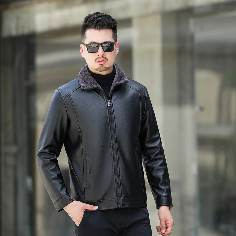 Lederjacke Herren mit Weichem Fleecekragen Schwarz Ledermantel