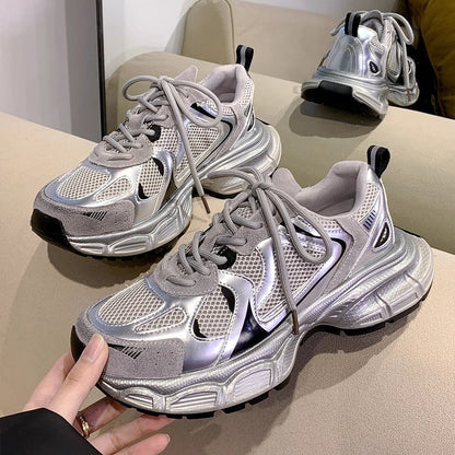 Damen Sneaker Sportlich Mesh Weiß Reflektierend