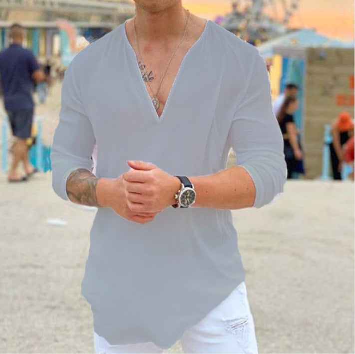 Herren Langarmshirt Modern V-Ausschnitt Elegant Slimfit