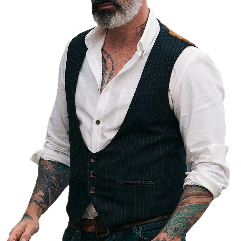 Herren Weste Vintage Leder mit Nadelstreifen und Knöpfen Elegant