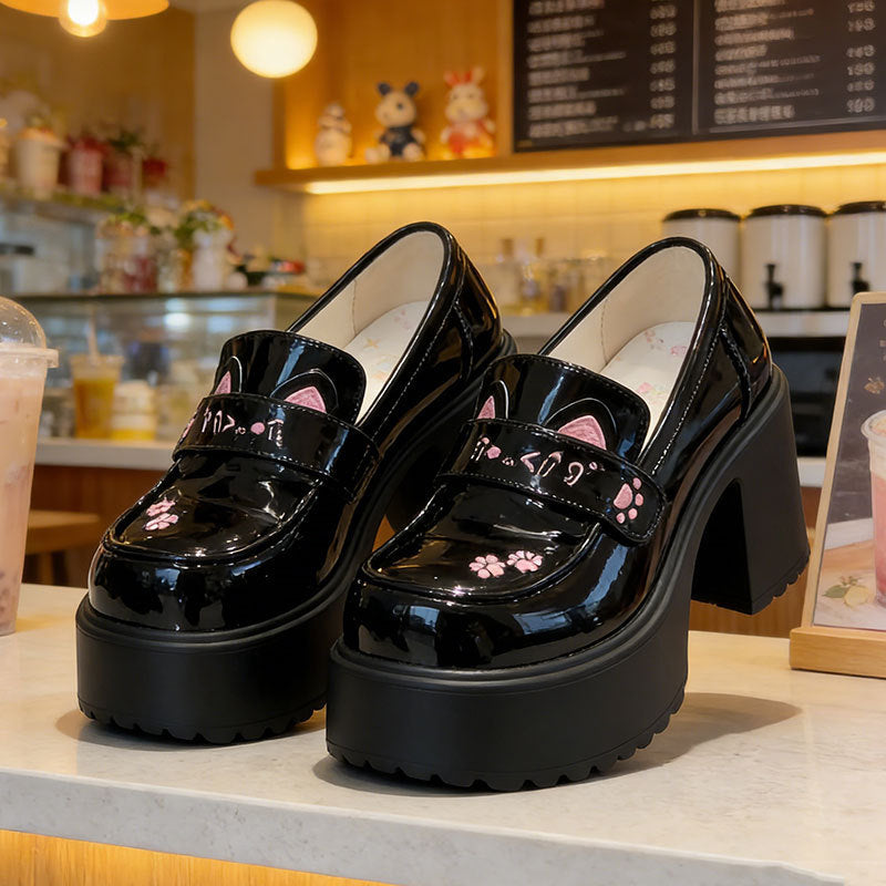 Damen Plattformslipper Katzenmotiv Hoch Hacken