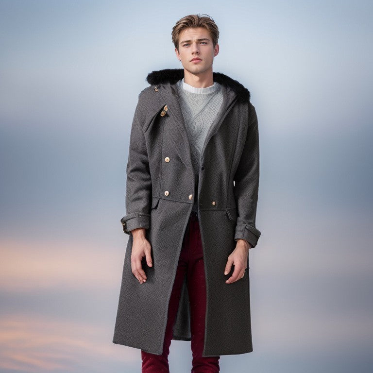 Herren Langmantel Eleganter Fellkragen Luxus Winter