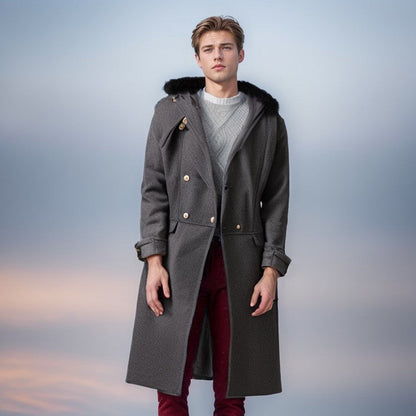 Herren Langmantel Eleganter Fellkragen Luxus Winter