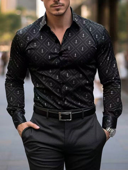 Herren Langarmhemd Maritim Anker Motiv Modern