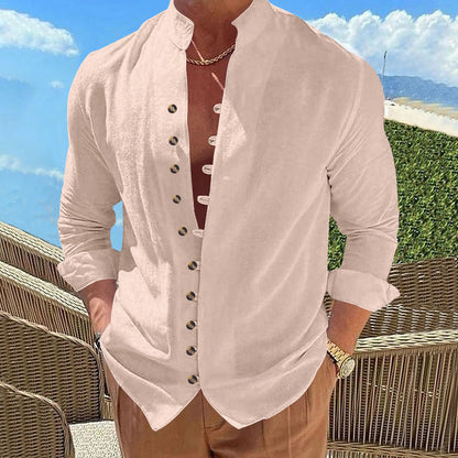 Herren Langarmhemd Modern mit Knöpfen und Stehkragen