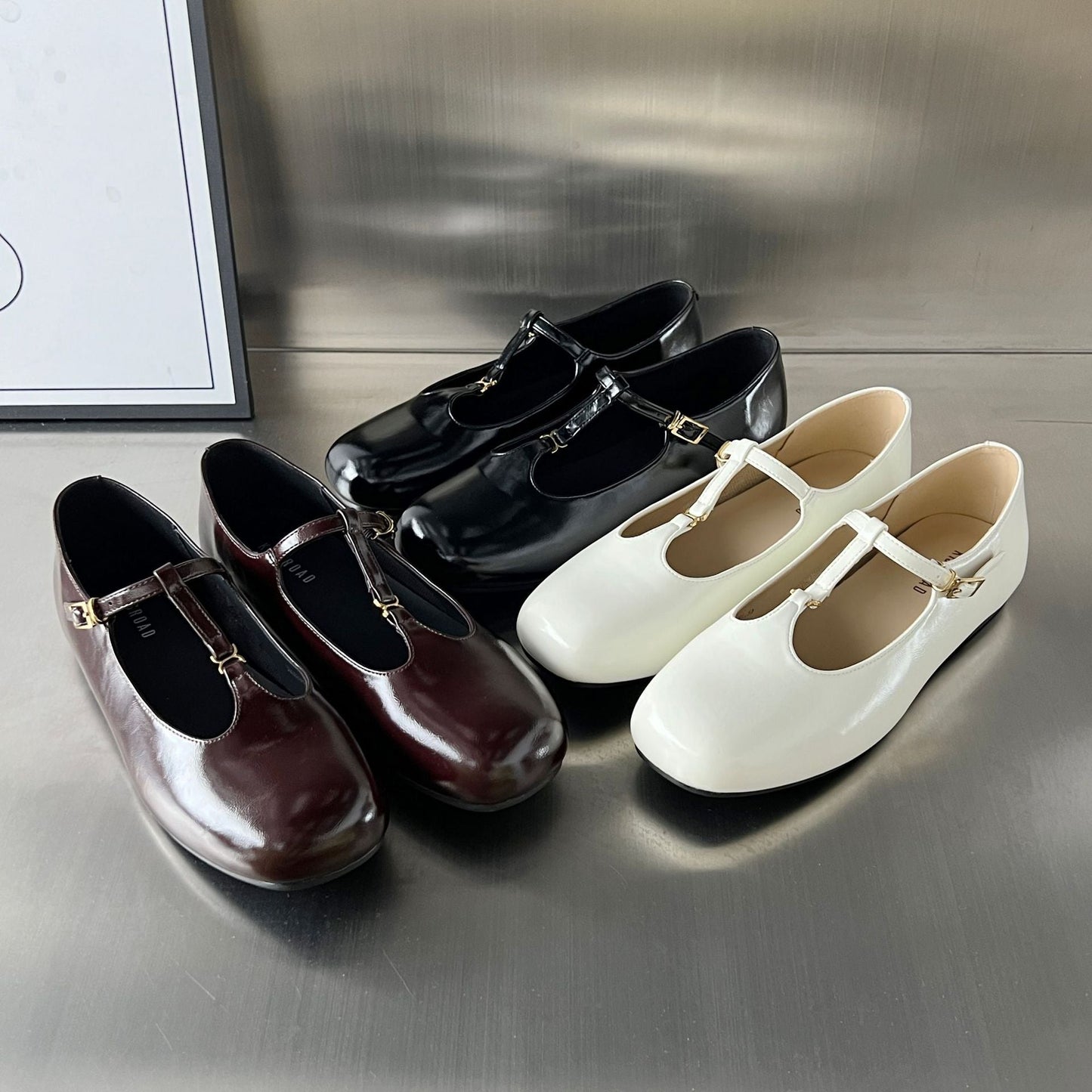 Damen Ballerinas Elegante Riemen Schuhe Glanzleder