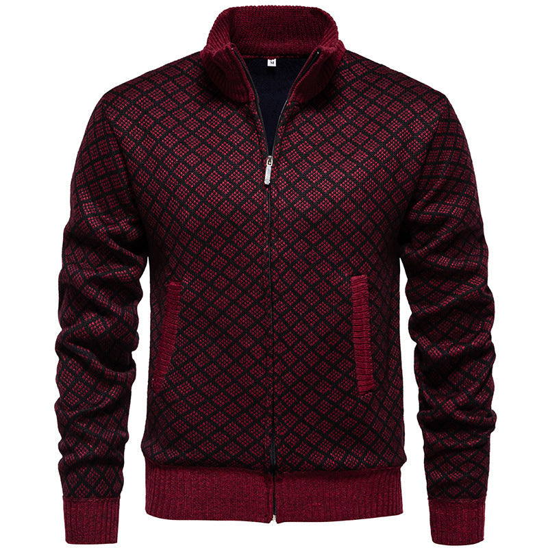 Herren Strickjacke Modern Karo Muster Zipper