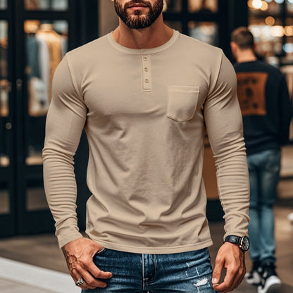 Herren Langarmshirt Modern Henley Ausschnitt mit Brusttasche