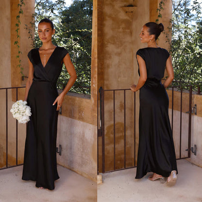 Damen Wickelkleid Satin V-Ausschnitt Elegant
