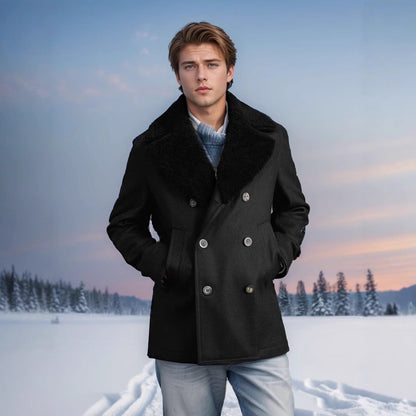 Herren Mantel Eleganter Wolle Fellkragen Schwarz