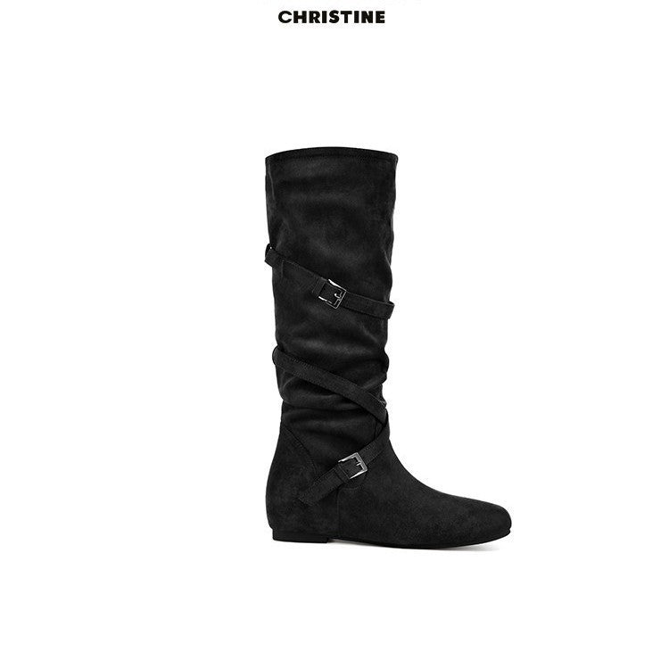 Damen Overknee Stiefel Elegante Wildleder Schnalle Schuhe