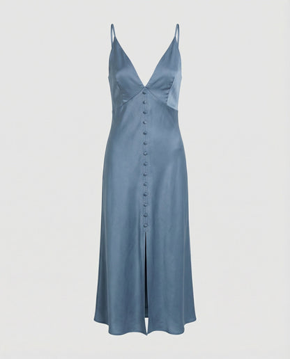 Damen Maxikleid V-Ausschnitt Knopfleiste Elegant Lang