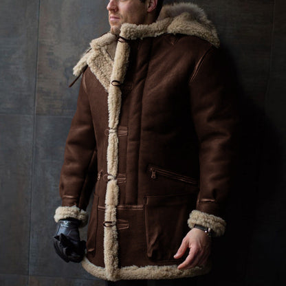 Lammfell-Mantel Herren Warm mit Kapuze und Taschen