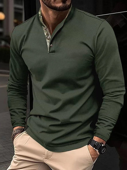 Herren Poloshirt Langarm Modern Stehkragen Karomuster - BerlinGlamour