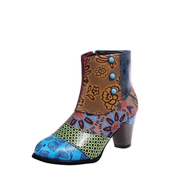Damen Stiefeletten Elegante Floral Schuhe mit Knöpfen