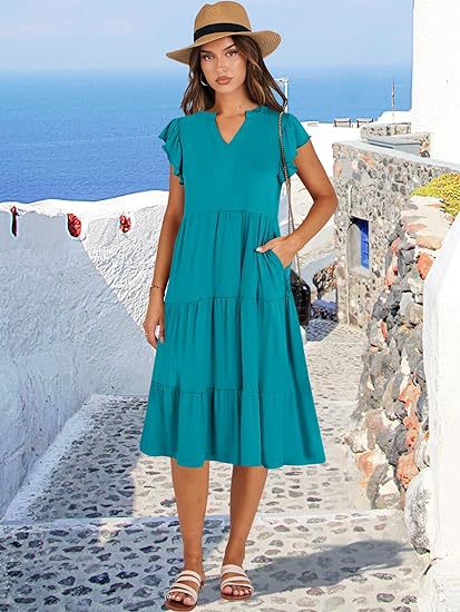 Damen Maxikleid mit Rüschendetails und Taschen Sommerkleid