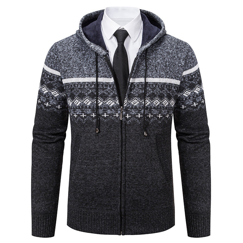 Herren Strickjacke Kapuze Jacquard Muster Modern
