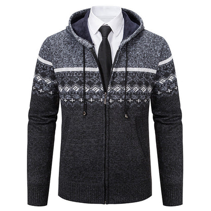 Herren Strickjacke Kapuze Jacquard Muster Modern