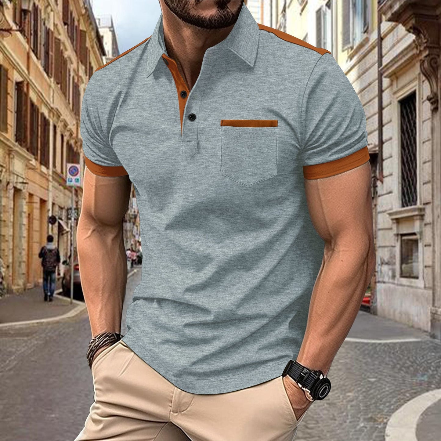 Herren Polohemd Kurzarm Modern mit Kragen und Brusttasche