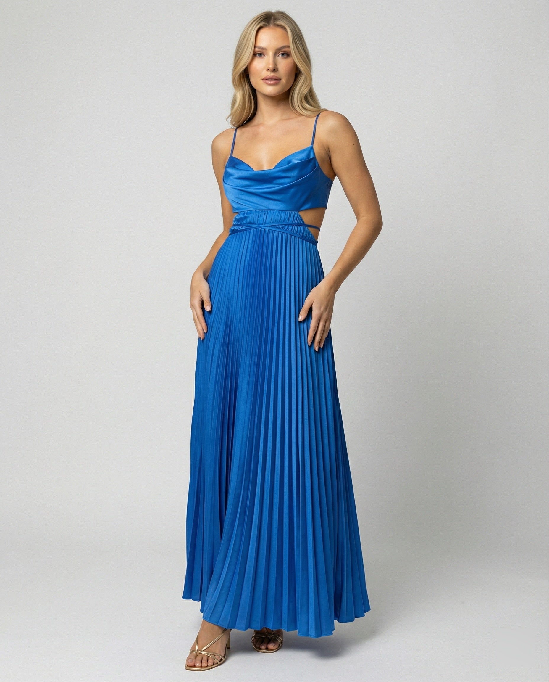 Damen Maxikleid Satin Faltenrock Cut-Out Elegant - BerlinGlamour