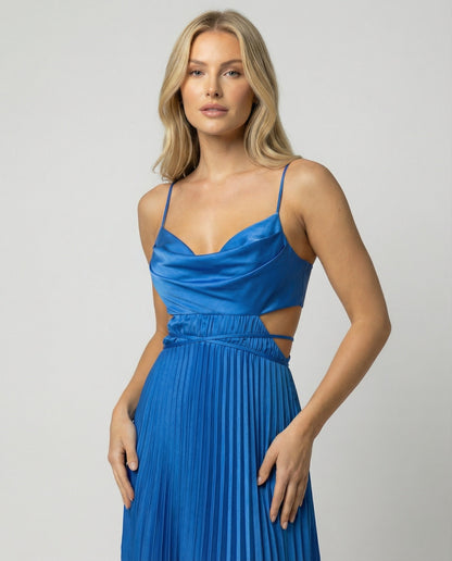 Damen Maxikleid Satin Faltenrock Cut-Out Elegant
