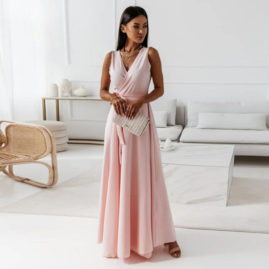 Elegantes Langkleid Damen V-Ausschnitt Einfarbig Abendkleid - BerlinGlamour