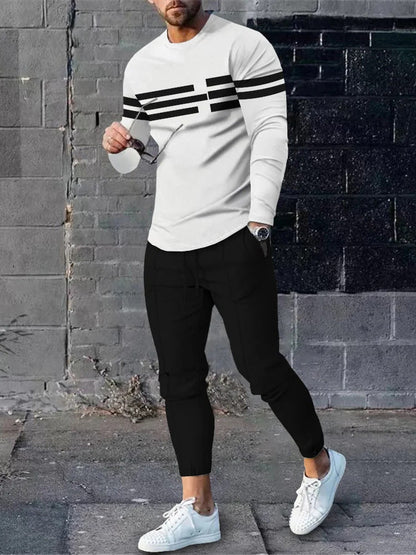 Herren Sportset Langarmshirt Jogginghose Streifenmuster Modern