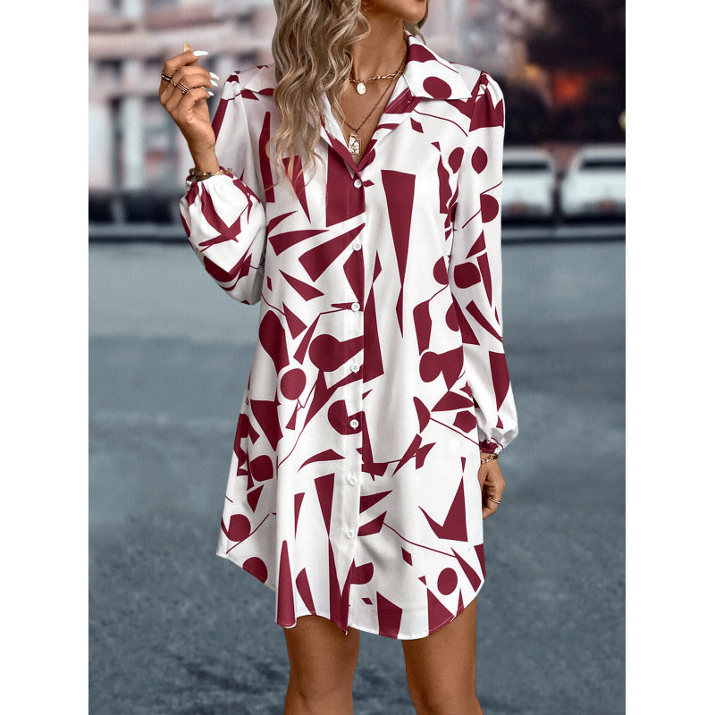 Damen Kleid Geometrischer Druck Knopfverschluss Modern