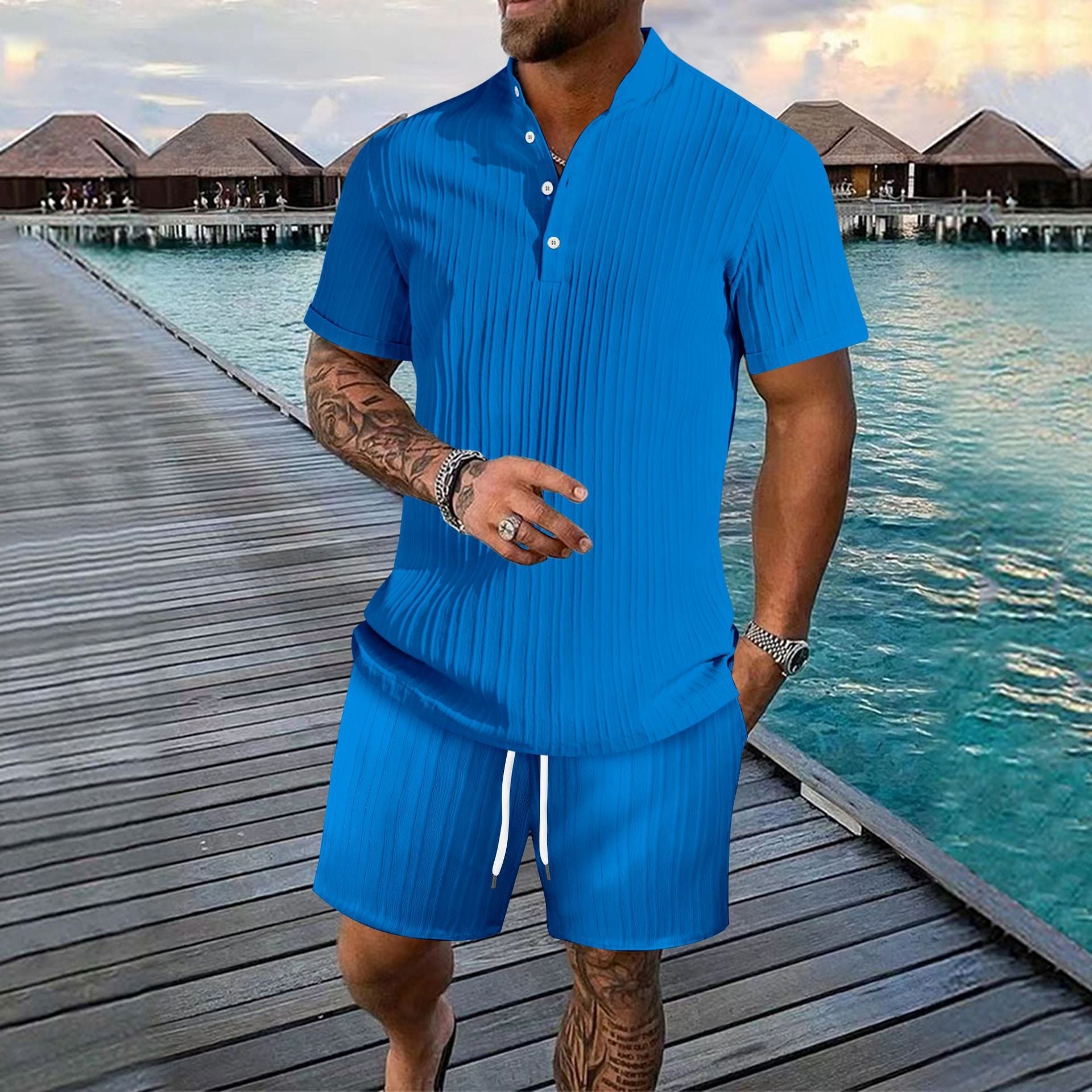 Herren Freizeitanzug Struktur Oberteil Lässige Shorts - BerlinGlamour