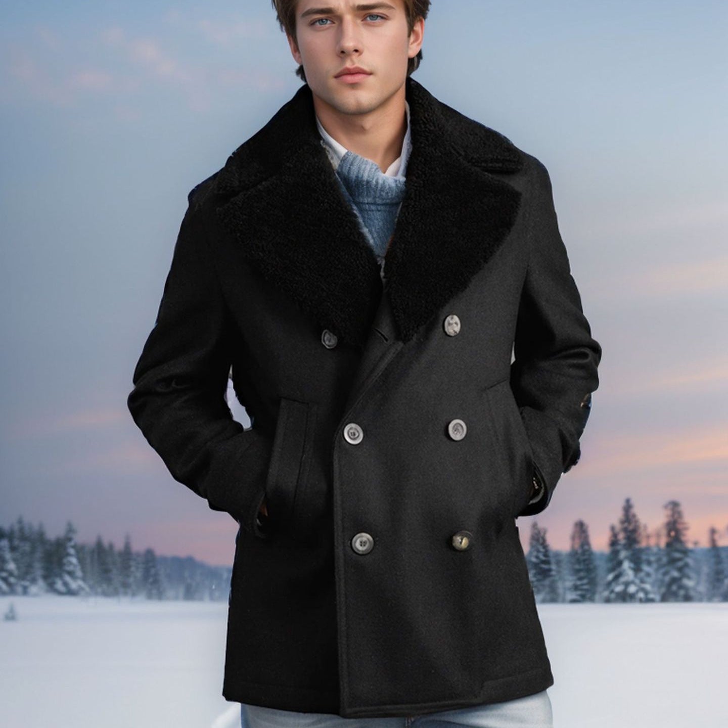 Herren Mantel Eleganter Wolle Fellkragen Schwarz