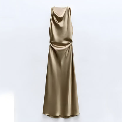 Damen Maxikleid Satin Elegant Rückenausschnitt Tief