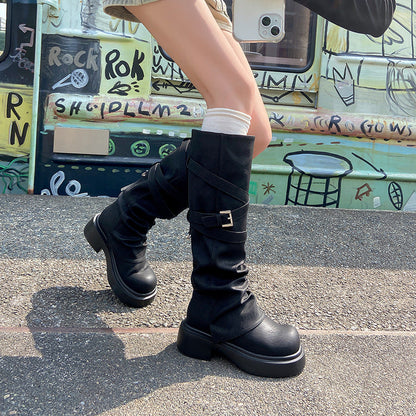 Damen Stiefel Overknee Modisch Riemen Design Schwarz