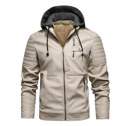 Herren Lederjacke mit abnehmbarem Kapuzenfutter Schwarz Ledermantel