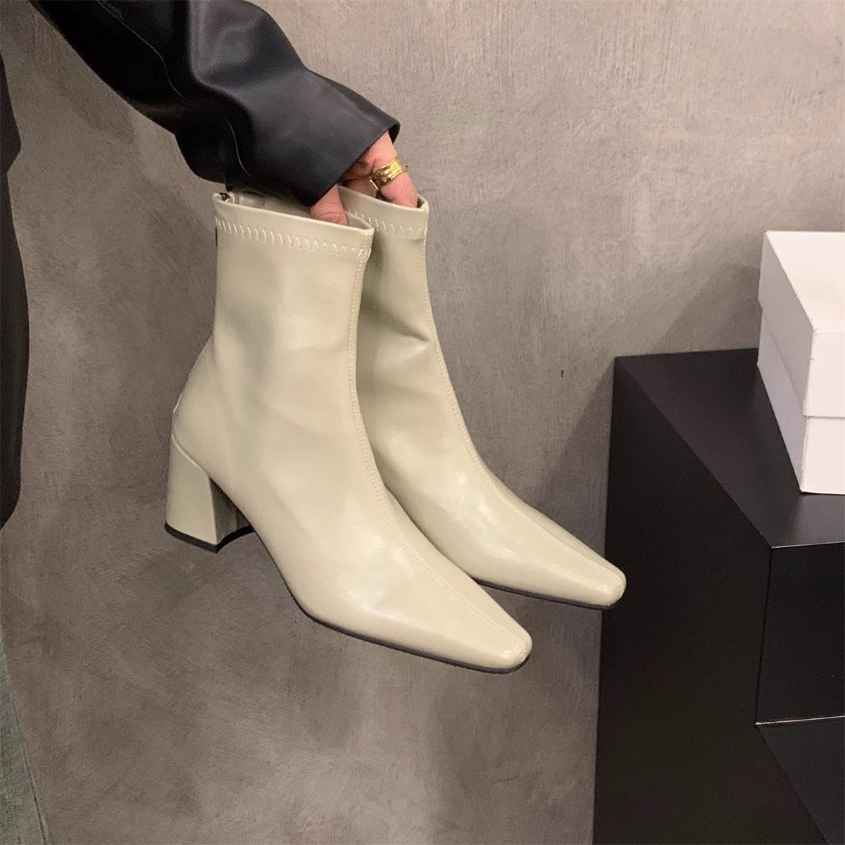 Damen Stiefeletten Spitze Elegant Blockabsatz Schuhe