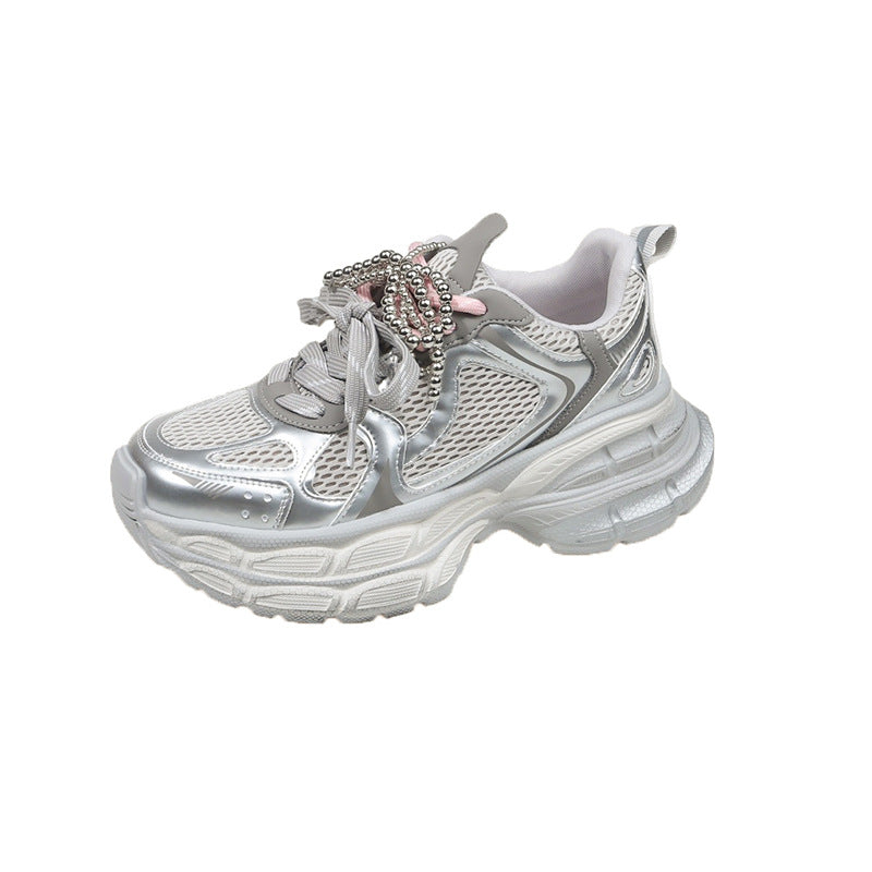 Damen Sneaker Sportlich Perlen Schnürsenkel Modisch