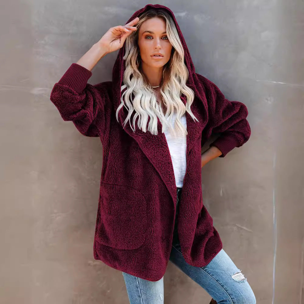 Damen Kapuzenjacke Warm Flauschig mit Taschen