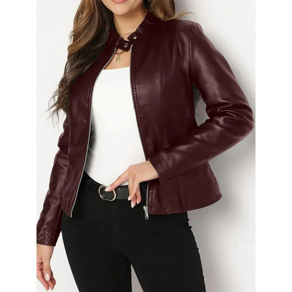 Lederjacke Damen Stehkragen Asymmetrisch Schwarz