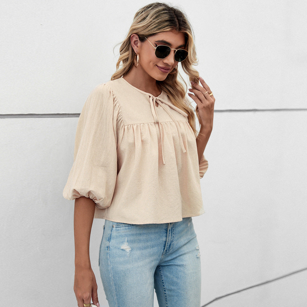 Damen Bluse Elegante Puffärmel Kordelzug Chic