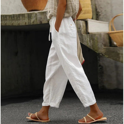 Damen Leinenhose Bequem Elastisch Mit Taschen