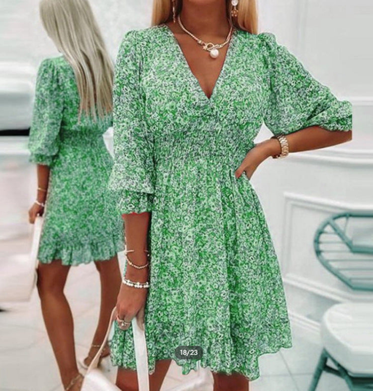 Damen Blumenkleid V-Ausschnitt Puffärmel Sommerkleid