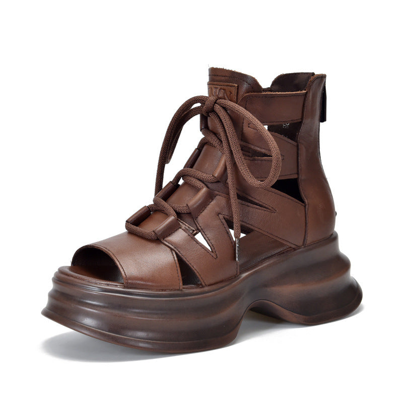 Damen Plateau Sandalen Höhle Leder Schnürsystem Modern