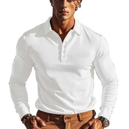 Herren Polo Langarm mit Knöpfen und Struktur Optik Modern