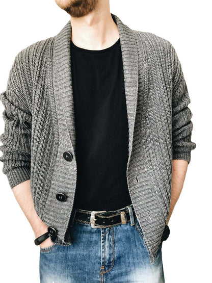 Herren Strickjacke Modern Schalkragen Knöpfe Schwarz