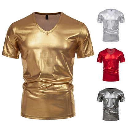 Herren T-Shirt V-Ausschnitt Stretch Glänzend Modern