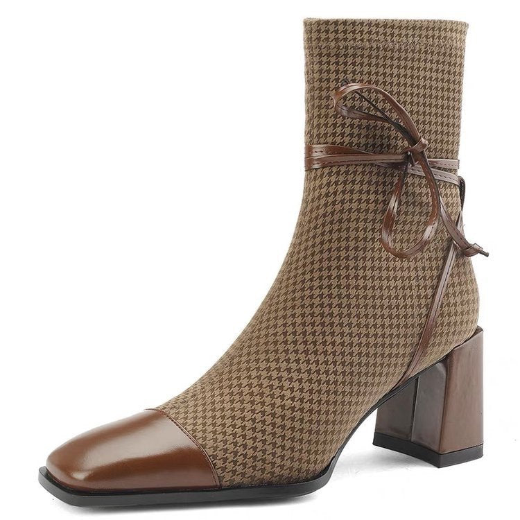Damen Stiefeletten Karomuster Schnürstiefeletten Elegante Mode