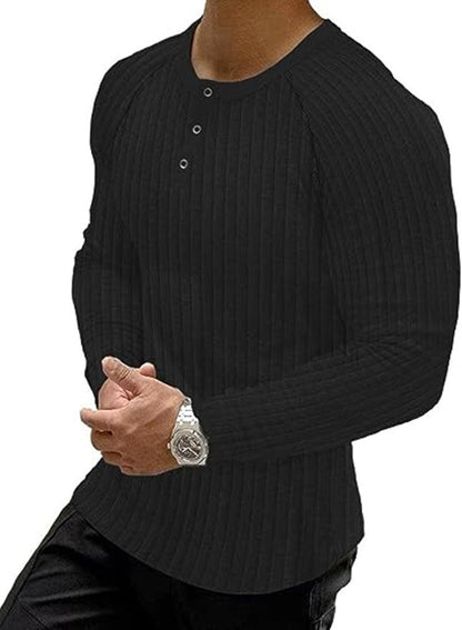Herren Langarm T-Shirt Ripp Optik Knopfleiste Modern